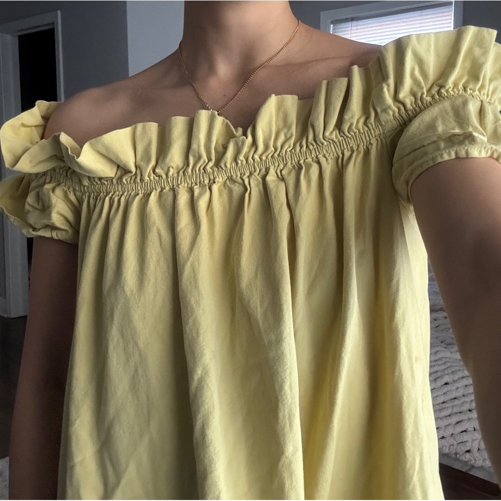 Free people Sophie ruffle sleeve slip mini dress off shoulder chartreuse pockets - Picture 4 of 11